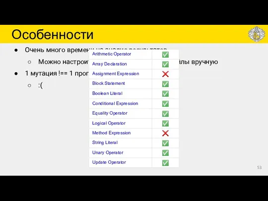 Особенности Очень много времени на анализ результатов Можно настроить запуск на конкретные