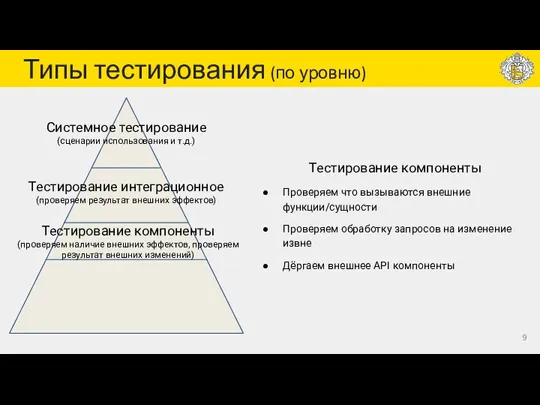 Типы тестирования (по уровню) Тестирование компоненты (проверяем наличие внешних эффектов, проверяем результат