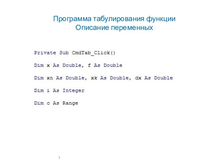 Программа табулирования функции Описание переменных