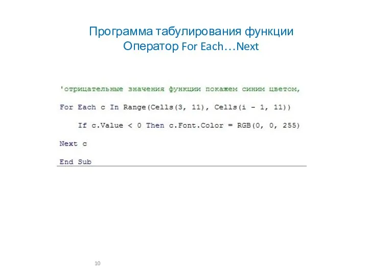 Программа табулирования функции Оператор For Each…Next