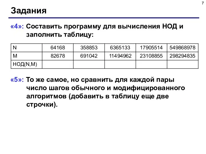 Задания «4»: Составить программу для вычисления НОД и заполнить таблицу: «5»: То