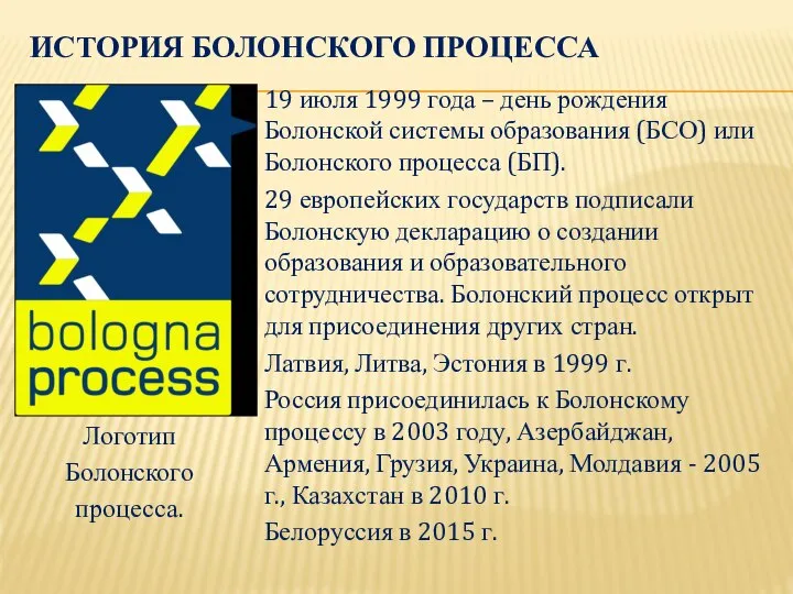 ИСТОРИЯ БОЛОНСКОГО ПРОЦЕССА 19 июля 1999 года – день рождения Болонской системы