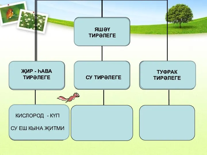 ЯШӘҮ ТИРӘЛЕГЕ ҖИР - ҺАВА ТИРӘЛЕГЕ СУ ТИРӘЛЕГЕ ТУФРАК ТИРӘЛЕГЕ КИСЛОРОД -