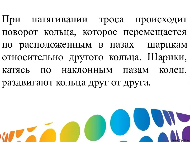 При натягивании троса происходит поворот кольца, которое перемещается по расположенным в пазах