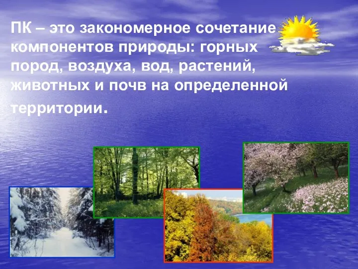 ПК – это закономерное сочетание компонентов природы: горных пород, воздуха, вод, растений,