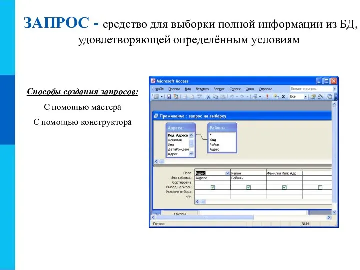 ЗАПРОС - средство для выборки полной информации из БД, удовлетворяющей определённым условиям
