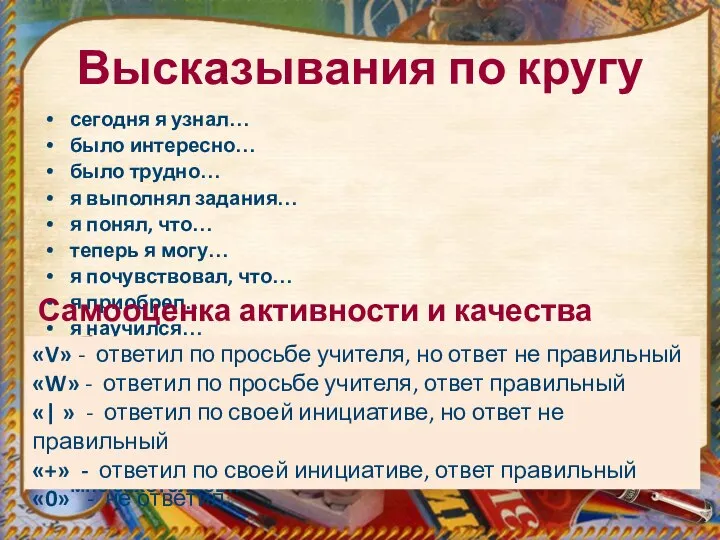 Высказывания по кругу сегодня я узнал… было интересно… было трудно… я выполнял