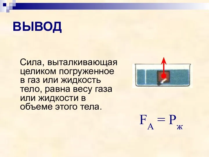 ВЫВОД Сила, выталкивающая целиком погруженное в газ или жидкость тело, равна весу