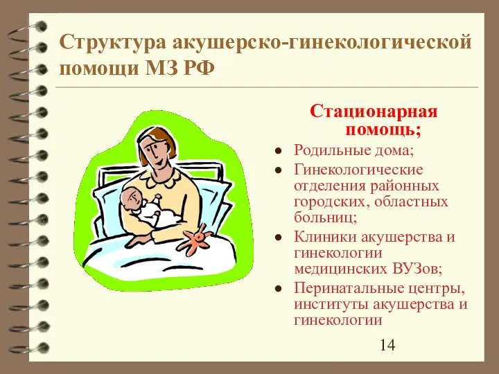 Структура акушерско-гинекологической помощи МЗ РФ Стационарная помощь; Родильные дома; Гинекологические отделения районных