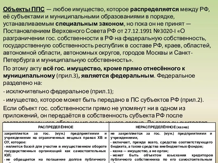 Объекты ППС — любое имущество, которое распределяется между РФ, её субъектами и