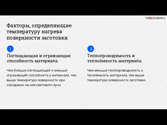 Факторы, определяющие температуру нагрева поверхности заготовки Поглощающая и отражающая способность материала. 1