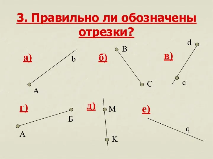 3. Правильно ли обозначены отрезки? а) г) б) в) д) е) А