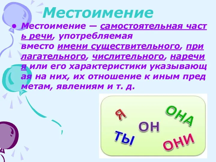 Местоимение Местоимение — самостоятельная часть речи, употребляемая вместо имени существительного, прилагательного, числительного,