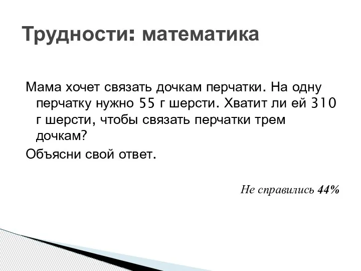 Мама хочет связать дочкам перчатки. На одну перчатку нужно 55 г шерсти.