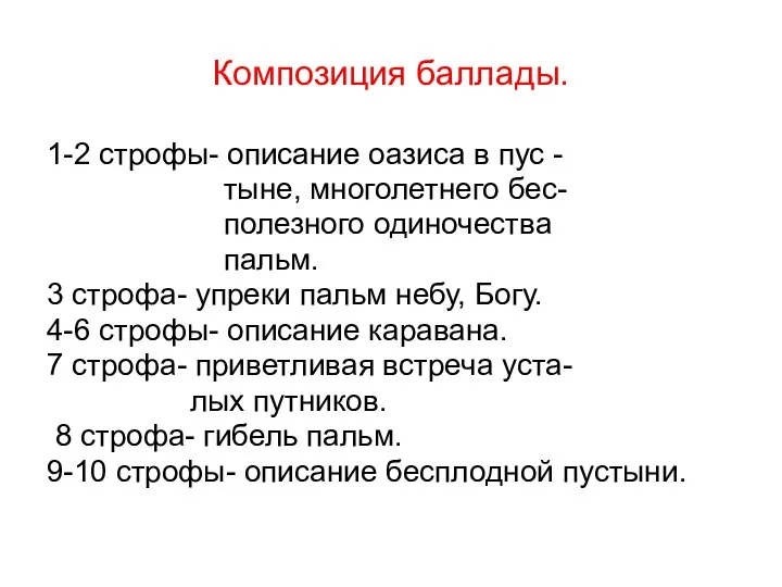 Композиция баллады. 1-2 строфы- описание оазиса в пус - тыне, многолетнего бес-