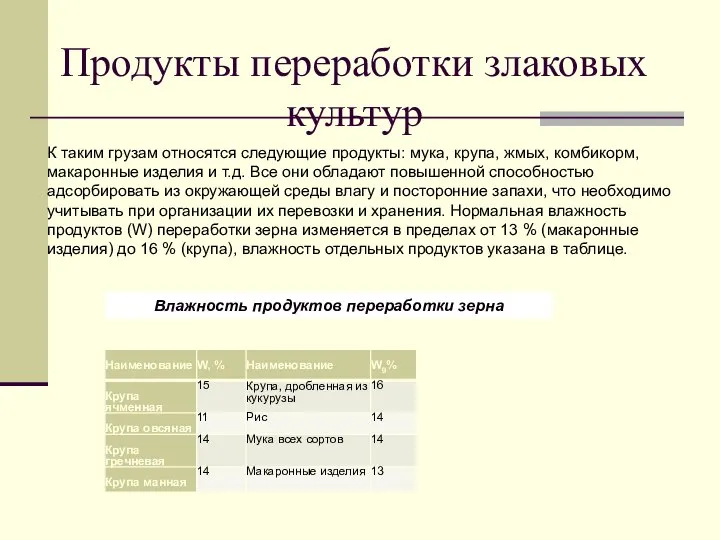 Продукты переработки злаковых культур К таким грузам относятся следующие продукты: мука, крупа,