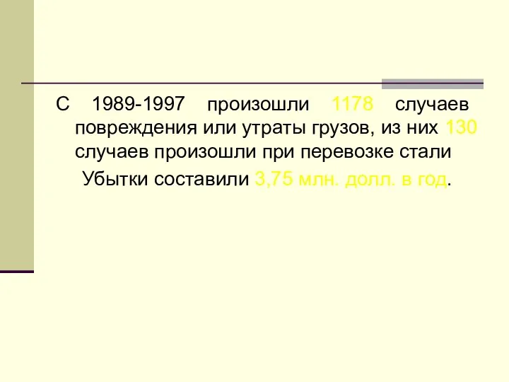 С 1989-1997 произошли 1178 случаев повреждения или утраты грузов, из них 130