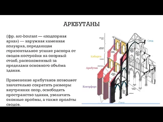 АРКБУТАНЫ (фр. arc-boutant — «подпорная арка») — наружная каменная полуарка, передающая горизонтальное