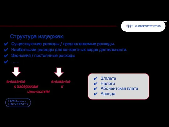 Структура издержек: Существующие расходы / предполагаемые расходы. Наибольшие расходы для конкретных видов