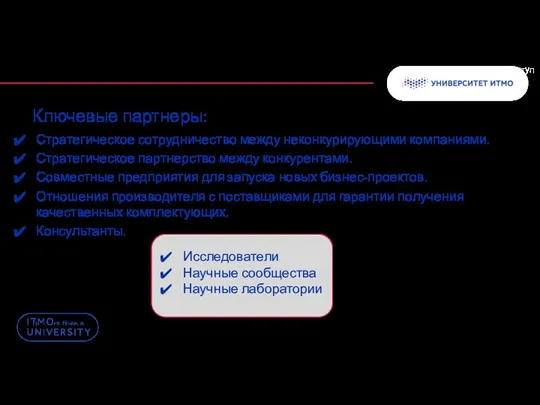 Ключевые партнеры: Стратегическое сотрудничество между неконкурирующими компаниями. Стратегическое партнерство между конкурентами. Совместные