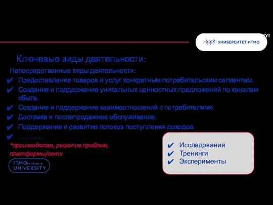 Ключевые виды деятельности: Непосредственные виды деятельности: Предоставление товаров и услуг конкретным потребительским