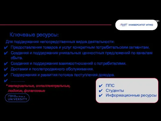 Ключевые ресурсы: Для поддержания непосредственных видов деятельности: Предоставления товаров и услуг конкретным