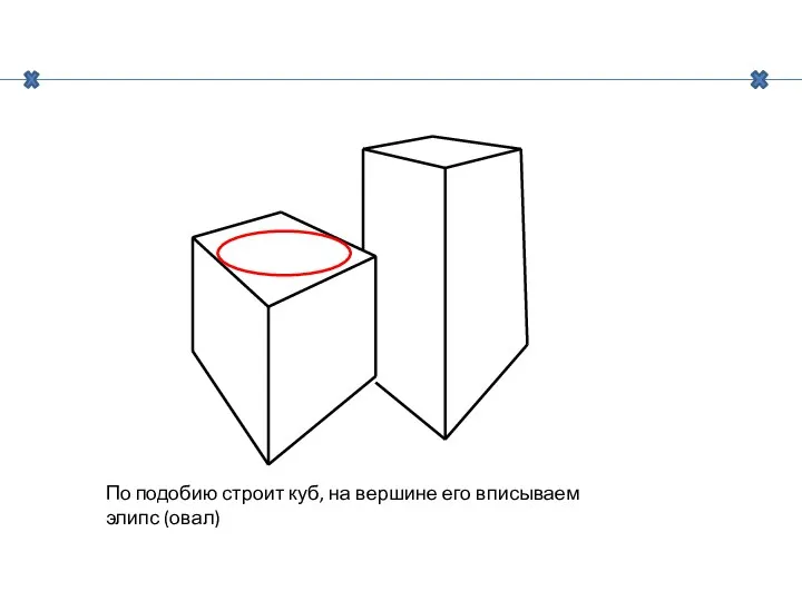 По подобию строит куб, на вершине его вписываем элипс (овал)