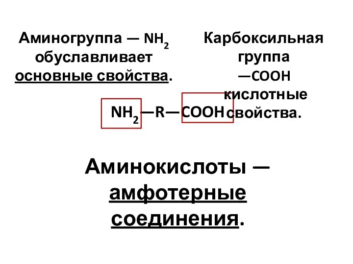 Аминокислоты — амфотерные соединения. NH2—R—COOH Аминогруппа — NH2 обуславливает основные свойства. Карбоксильная группа —COOH кислотные свойства.