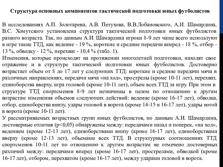 Структура основных компонентов тактической подготовки юных футболистов В исследованиях А.П. Золотарева, А.В.