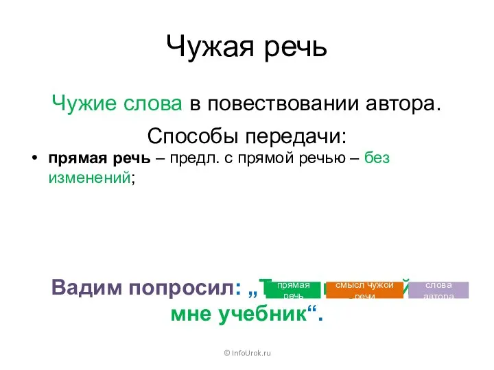 Чужая речь Чужие слова в повествовании автора. © InfoUrok.ru Способы передачи: прямая