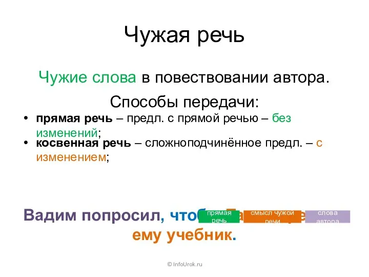 Чужая речь Чужие слова в повествовании автора. © InfoUrok.ru Способы передачи: прямая