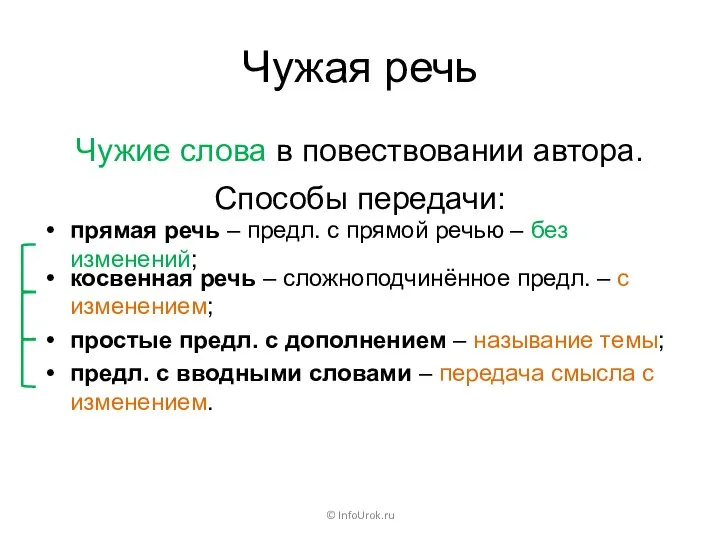 Чужая речь Чужие слова в повествовании автора. © InfoUrok.ru Способы передачи: прямая