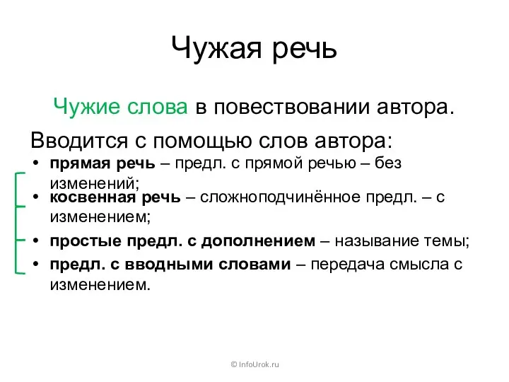 Чужая речь Чужие слова в повествовании автора. © InfoUrok.ru Вводится с помощью