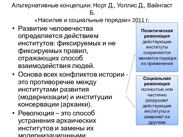 Альтернативные концепции: Норт Д., Уоллис Д., Вайнгаст Б. «Насилие и социальные порядки»