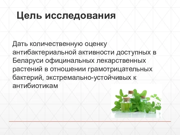 Цель исследования Дать количественную оценку антибактериальной активности доступных в Беларуси официнальных лекарственных