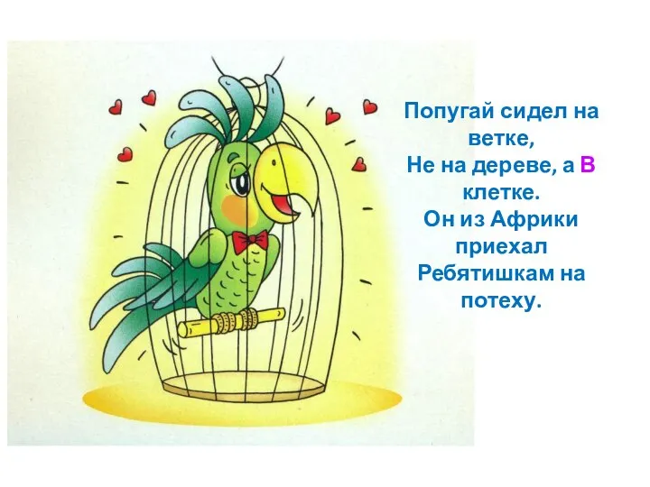 Попугай сидел на ветке, Не на дереве, а В клетке. Он из