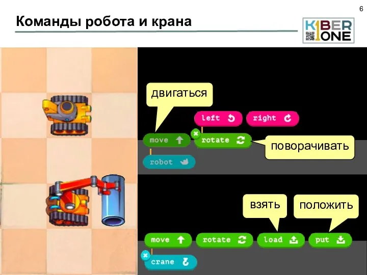 Команды робота и крана двигаться поворачивать взять положить