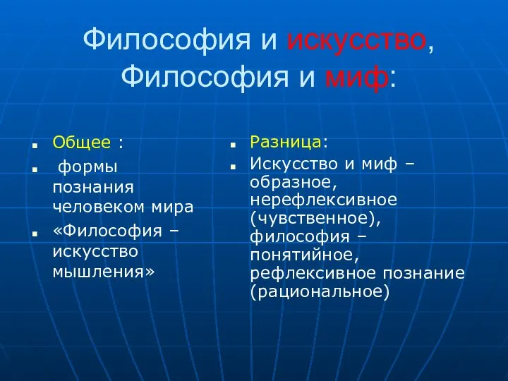 Философия и искусство, Философия и миф: Общее : формы познания человеком мира