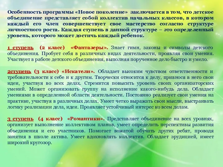 Особенность программы «Новое поколение» заключается в том, что детское объединение представляет собой