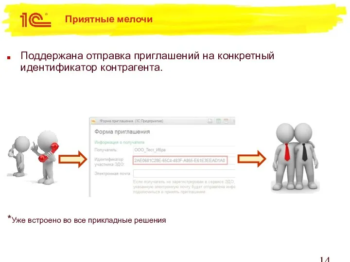 Поддержана отправка приглашений на конкретный идентификатор контрагента. *Уже встроено во все прикладные решения Приятные мелочи