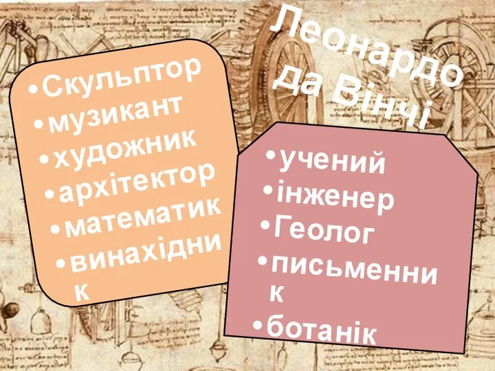 Скульптор музикант художник архітектор математик винахідник учений інженер Геолог письменник ботанік Леонардо да Вінчі