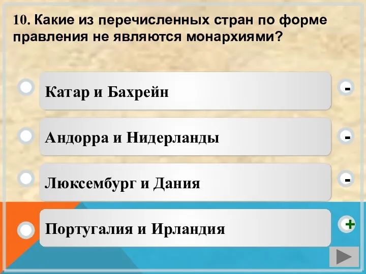 10. Какие из перечисленных стран по форме правления не являются монархиями? Катар