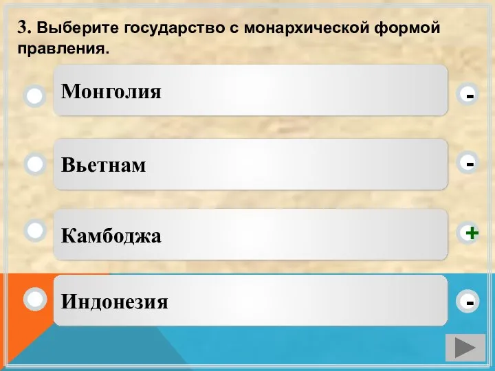 3. Выберите государство с монархической формой правления. Камбоджа Вьетнам Индонезия Монголия - - + -