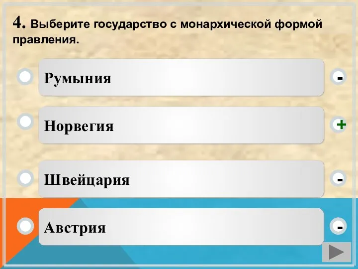 4. Выберите государство с монархической формой правления. Норвегия Швейцария Австрия Румыния - - + -