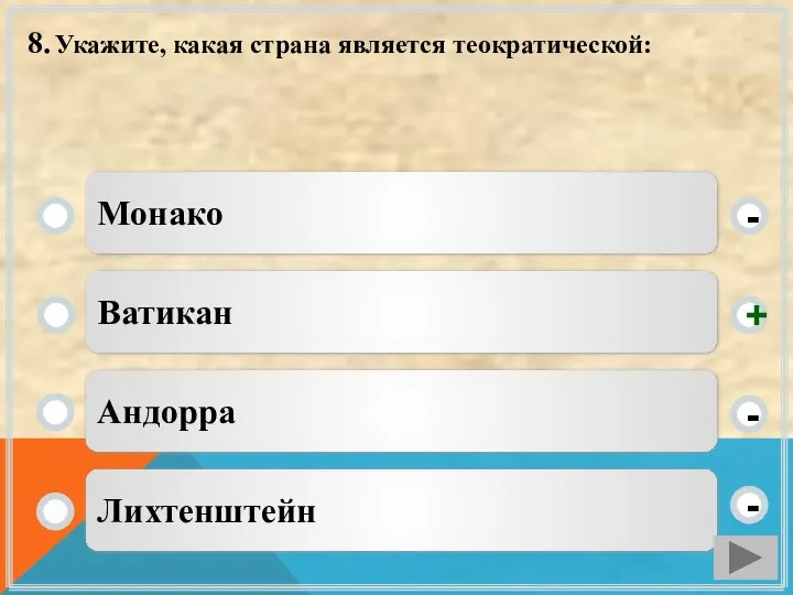 8. Укажите, какая страна является теократической: Ватикан Андорра Лихтенштейн Монако - - + -