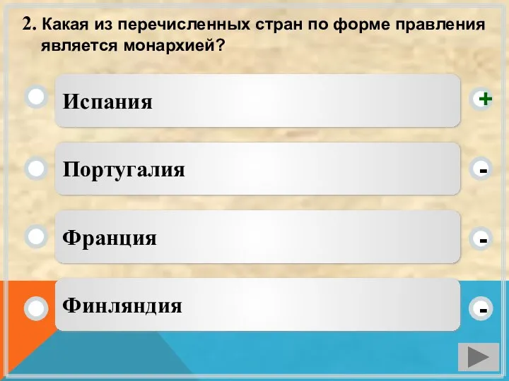 2. Какая из перечисленных стран по форме правления является монархией? Испания Португалия