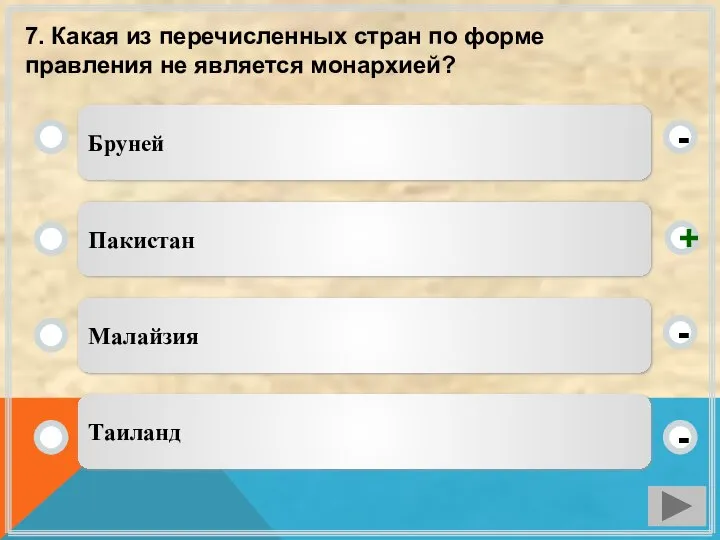 7. Какая из перечисленных стран по форме правления не является монархией? Бруней