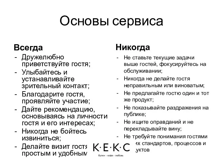 Основы сервиса Всегда Дружелюбно приветствуйте гостя; Улыбайтесь и устанавливайте зрительный контакт; Благодарите