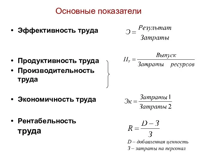 Основные показатели Эффективность труда Продуктивность труда Производительность труда Экономичность труда Рентабельность труда