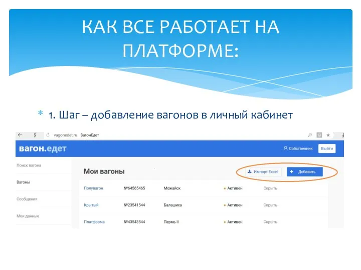 1. Шаг – добавление вагонов в личный кабинет КАК ВСЕ РАБОТАЕТ НА ПЛАТФОРМЕ: